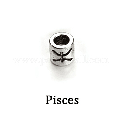 Antique Silver Plated Alloy European Beads, Large Hole Beads, Column with Twelve Constellations, Pisces, 7.5x7.5mm, Hole: 4mm, 60pcs/bag