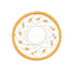 Geflochtene Netzanhänger aus Eisen, mit Nylonschnur, Polyesterfaden und Saatperlen, für gewebtes Netz / Gewebe mit Federn, orange, 46x2~3 mm