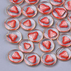 Epoxy Resin Cabochons, with Polymer Clay Inside and Brass Findings, Flat Round with Strawberry Pattern, Light Gold, Crimson, 18x5mm