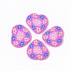 Handmade Polymer Clay Cabochons, Heart with Flower, Orchid, 17~22x20~23x2mm