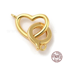 Rack Plating 925 Sterling Silver Fold Over Clasps, Heart, with 925 Stamp, Real 18K Gold Plated, Heart: 9.5x12x1.5mm, Hole: 1.4mm, clasp: 10.5x8.5x2mm, Hole: 1.2mm