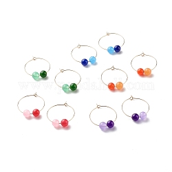 Natural Dyed Malaysia Jade Bead Hoop Earrings for Girl Women, with Brass Findings, Light Gold, 37x30mm, Pin: 0.7mm