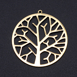 201 Stainless Steel Pendants, Filigree Joiners Findings, Laser Cut, Flat Round with Tree, Golden, 37x34.5x1mm, Hole: 1.5mm
