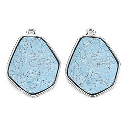 Faceted Glass Pendants, with Alloy Settings, Cadmium Free & Lead Free, Hexagon, Platinum Plated, Light Sky Blue, 38x29x6.5mm, Hole: 3mm