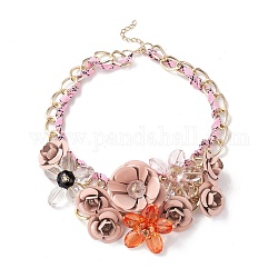 Rose & Sunflower Drama Bib Necklace, Rope Wrap Curb Chain Necklace for Women, Light Gold, Pink, 17.56 inch(44.6cm)