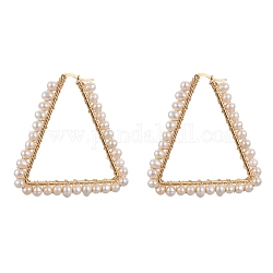 201 Stainless Steel Hoop Earrings, Beaded Hoop Earrings, with Natural Cultured Freshwater Pearl Beads, with Cardboard Box, Triangle, Golden, 59.5x56.5x5mm