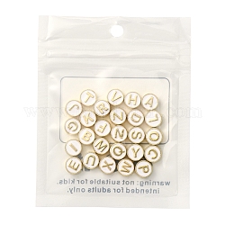 26pcs 26 Stillegierungs-Emaille-Perlen, cadmiumfrei und bleifrei, Licht Gold, flach rund mit Alphabet, weiß, 8x4 mm, Bohrung: 1.5 mm, 1pc / style