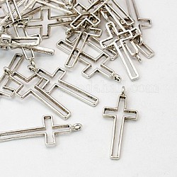 Tibetan Style Alloy Hollow Cross Pendants, Cadmium Free & Nickel Free & Lead Free, Antique Silver, 39x16x1.5mm, Hole: 1mm