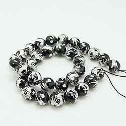 Natural Black Agate Strands, with Silver Carved Dragon Pattern, For Buddha Jewelry Making, Round, 10mm, Hole: 1mm