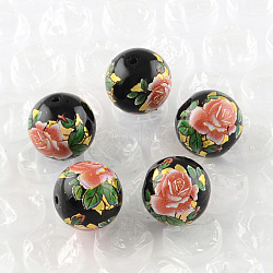Perles rondes imprimées de motif de fleur rose en verre, chocolat, 10x9mm, Trou: 1.5mm