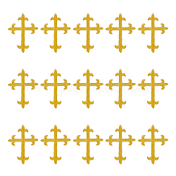 Patch appliqué de broderie de fil métallique de polyester, couture artisanat décoration, croix religieuse, or, 96x72x1mm