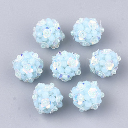 Abalorios de vidrio tejida, bolas de bolas de racimo, con lentejuelas, imitación de jade, redondo con flor, azul claro, 12~14mm