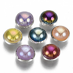 Bottoni da cucire in plastica abs imitazione perla, 4-foro, con accessori di ottone, mezzo tondo, colore misto, 6~6.5x4.8mm, Foro: 1 mm, circa 300pcs/scatola