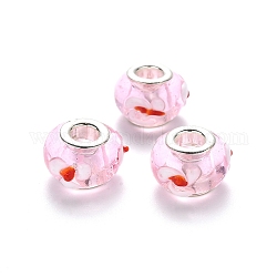 Handgemachte glasperlen murano glas großlochperlen, großes Loch Rondell Perlen, mit Platin-Ton Messing Doppeladern, creme-weiß, 14~15x9~10 mm, Bohrung: 5 mm