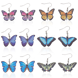 Anattasoul 6 paia 6 orecchini pendenti a forma di farfalla in acrilico, gioielli in ferro di platino per donna, colore misto, 38~44mm, ago :0.7mm, 1 paio/stile