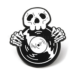 Emaille-Pins mit Totenkopf und Schallplatten im Punk-Stil, Brosche aus schwarzer Legierung für Halloween, Schwarz, 28x26x1.3 mm