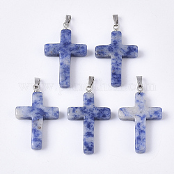 Pendentifs en pierre avec spot bleu naturelle, avec chevilles en acier inoxydable, croix, couleur inoxydable, 29~30x18.5x4.5mm, Trou: 5.5x2mm