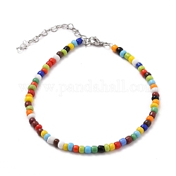 Bracelets de cheville en perles de rocaille en verre opaque, avec 304 chaînes à maillons cœur en acier inoxydable et fermoirs à pince de homard, colorées, couleur inoxydable, 9-1/2 pouce (24 cm)