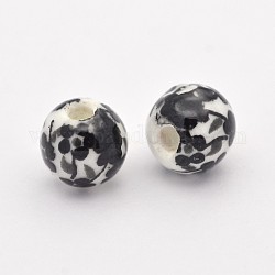 Handmade Printed Porcelain Beads, Round, Black, 6mm, Hole: 2mm