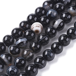 Natural Striped Agate/Banded Agate Beads Strands, Dyed & Heated, Round, Black, 4mm, Hole: 0.5mm, about 91~93pcs/strand, 14.96 inch(38cm)