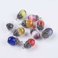 Cat Eye Pendants, with Polymer Clay Rhinestone Beads and Brass Finding, teardrop, Platinum, Mixed Color, 22~24x11.5~13mm, Hole: 2mm