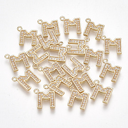 Latón charms de circonio cúbico, carta, Claro, real 18k chapado en oro, letter.m, 10x9x1.5mm, agujero: 1 mm