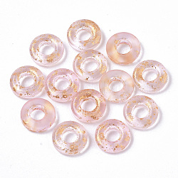 Perles européennes en verre transparent peint par pulvérisation, Perles avec un grand trou   , avec une feuille d'or, donut, rose, 11x3mm, Trou: 4mm