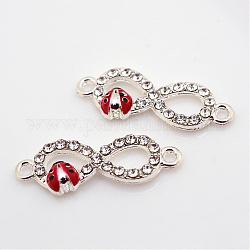 Alloy Rhinestone Links connectors, Enamel Ladybird, Infinity, Silver Color Plated, 10x27.5x4mm, Hole: 1.5mm