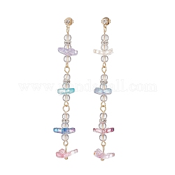 Boucles d'oreilles pendantes en cristal de quartz naturel et verre papillon en perles, Boucles d'oreilles pendantes longues en laiton doré pour femme, colorées, 81mm, pin: 0.8 mm
