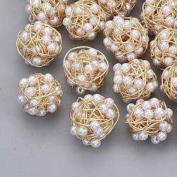 Messingdraht Perlen, mit abs-Kunststoffimitatperle, Nickelfrei, echtes 18k vergoldet, weiß, 14x14.5x14.5 mm