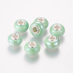 Handmade Porcelain European Beads, with Silver Color Brass Double Cores, Rondelle, Lawn Green, 15x10~11mm, Hole: 5mm