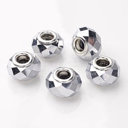 Electroplated Glass European Beads, with Brass Double Cores, Faceted, Silver, 14x9mm, Hole: 5mm