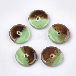 Perles en porcelaine manuelles, fantaisie porcelaine émaillée antique, deux tons, plat rond, vert clair, 21~22x5mm, Trou: 1.5~2.5mm