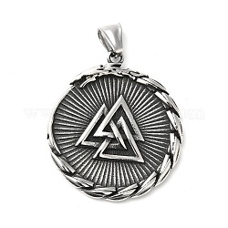 304 Stainless Steel Manual Polishing Pendants, Flat Round with Valknut, Antique Silver, 43x38x4mm, Hole: 4x8.5mm
