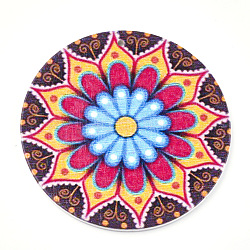 Gedruckte große Holzanhänger, gefärbt, flach rund mit Blume, Farbig, 60x2.5 mm, Bohrung: 1.5 mm