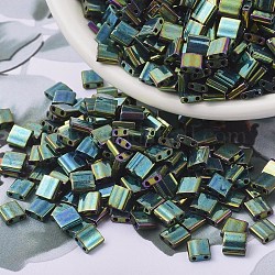Perles miyuki tila, Perles de rocaille japonais, 2-trou, (tl468) iris vert malachite métallisé, 5x5x1.9mm, Trou: 0.8mm, environ 118 pcs/10 g