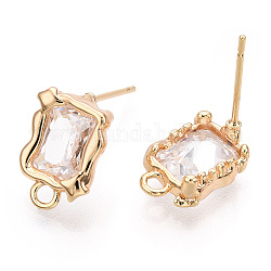 Brass Stud Earring Finding, with Clear Glass and Horizontal Loops, Rectangle, Real 18K Gold Plated, 13.5x9mm, Hole: 1.8mm, Pin: 0.7mm