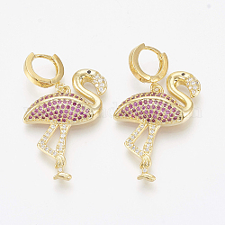 Brass Micro Pave Cubic Zirconia Hoop Earrings, Flamingo Shape, Colorful, Golden, 38mm, pin: 0.9mm
