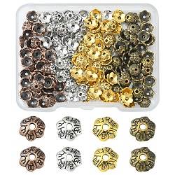 200 pièces 4 couleurs 6 pétales style tibétain alliage fleur perles casquettes, couleur mixte, 6x2mm, Trou: 1mm, 50 pcs / couleur