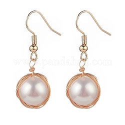 Pendientes de perlas naturales, joyería de envoltura de alambre de latón dorado para mujer, patrón redondo, 35~36mm, pin: 0.6 mm