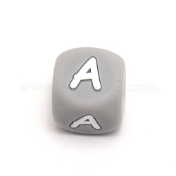 Cuentas del alfabeto de silicona para hacer pulseras o collares, estilo de letra, cubo gris, letter.a, 12x12x12mm, agujero: 3 mm