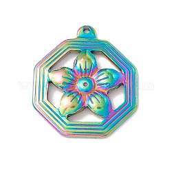 Placage ionique (ip) 304 pendentifs en acier inoxydable, hexagone avec des fleurs, couleur arc en ciel, 29x25x3.5mm, Trou: 1mm