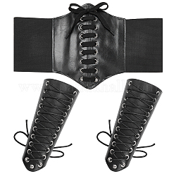 Wadorn breite elastische Korsettgürtel aus PU-Leder und Manschettenarmband-Armschutz, Schmuckset für Damen und Mädchen, Schwarz, 28 Zoll (71 cm), 7-1/4 Zoll (18.3 cm)