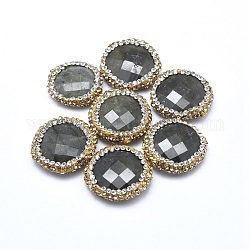 Perles naturelles de labradorite, avec strass en pâte polymère, facette, plat rond, 17~21x5~6mm, Trou: 0.8mm