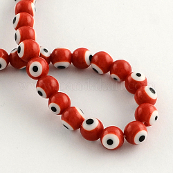 Round Handmade Evil Eye Lampwork Beads, Red, 6mm, Hole: 1mm, about 64pcs/strand, 14.1 inch
