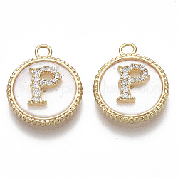 Brass Micro Pave Cubic Zirconia Pendants, with Shell, Flat Round with Letter, Nickel Free, Clear, Real 18K Gold Plated, Letter.P, 16.5x14x3.5mm, Hole: 1.8mm