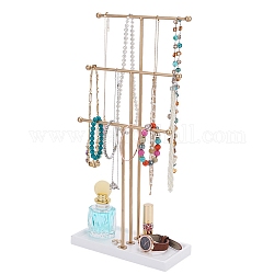 3-Tier Iron T-Bar Jewelry Display Risers, Jewelry Organizer Holder with White Wooden Base, for Bracelets Necklaces Storage, Golden, 11x24x45cm