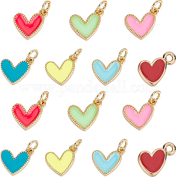 CREATCABIN 14Pcs 7 Style Rack Plating Brass Enamel Charms, with Jump Ring, Cadmium Free & Nickel Free & Lead Free, Real 18K Gold Long-Lasting Plated, Heart, Mixed Color, 7.5~9x5~7x1.5~2mm, Hole: 1~2.5mm, 2pcs/style