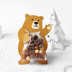 Bolsa de plástico para galletas, con tarjeta de oso de dibujos animados y pegatinas, para chocolate, caramelo, galletas, marrón, 12x8x0.04 cm, bolsa: 18.5x9x0.5 cm, pegatina: 12.4x5x0.02 cm