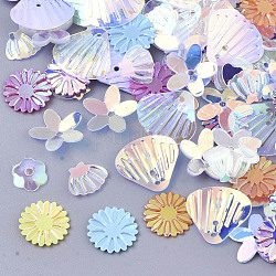 Accesorios del ornamento, paillette plástico pvc / cuentas de lentejuelas, formas mixtas con flor, color mezclado, 4~11x4~12x0.4~1.5mm, agujero: 0.9~1.4 mm